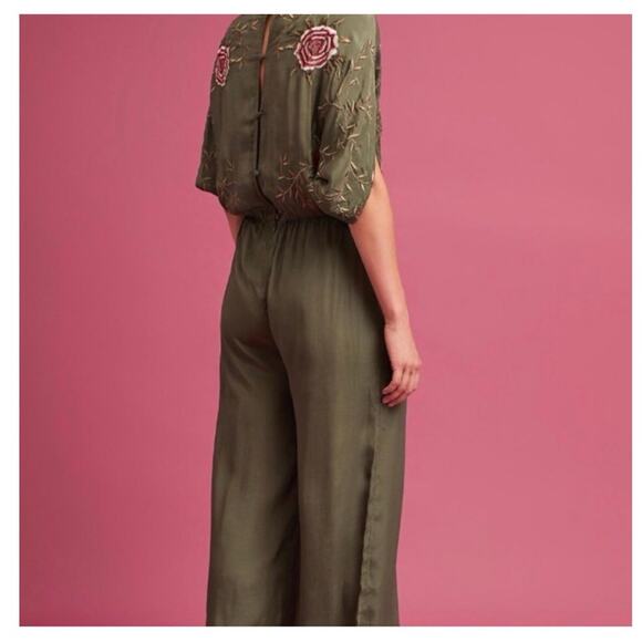Anthropologie Seen Worn & Kept Floral Embroidered Satin Jumpsuit S Green - Picture 10 of 10